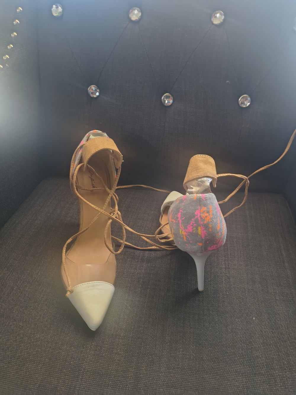Women's Tan Lace-Up Pointed Toe Heels with Multicolor Accent